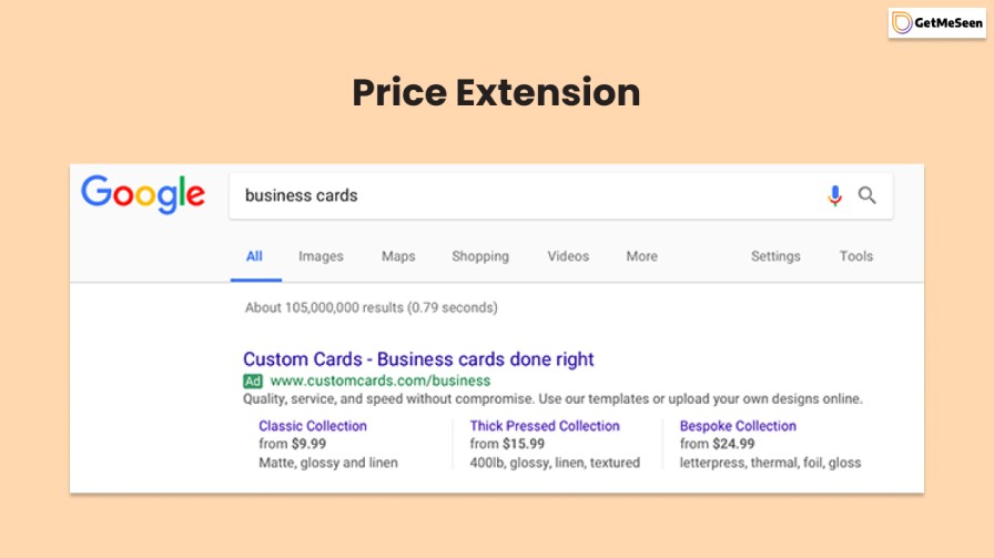 different types of google ads - price extension